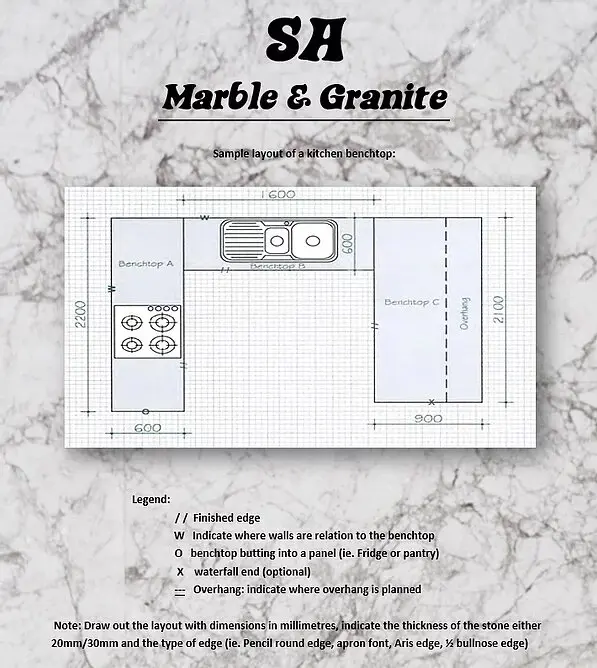 A sample layout created by SA Marble & Granite to demonstrate how to properly draw a layout when requesting a job.